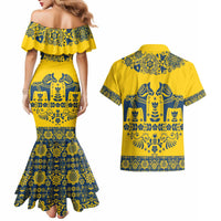 Sweden Daleclarian Horse Couples Matching Mermaid Dress and Hawaiian Shirt Floral Folk Pattern Yellow Version