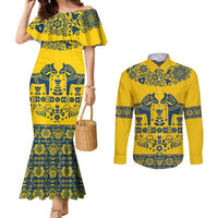 Sweden Daleclarian Horse Couples Matching Mermaid Dress and Long Sleeve Button Shirt Floral Folk Pattern Yellow Version