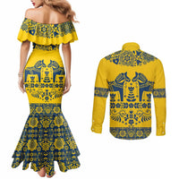 Sweden Daleclarian Horse Couples Matching Mermaid Dress and Long Sleeve Button Shirt Floral Folk Pattern Yellow Version