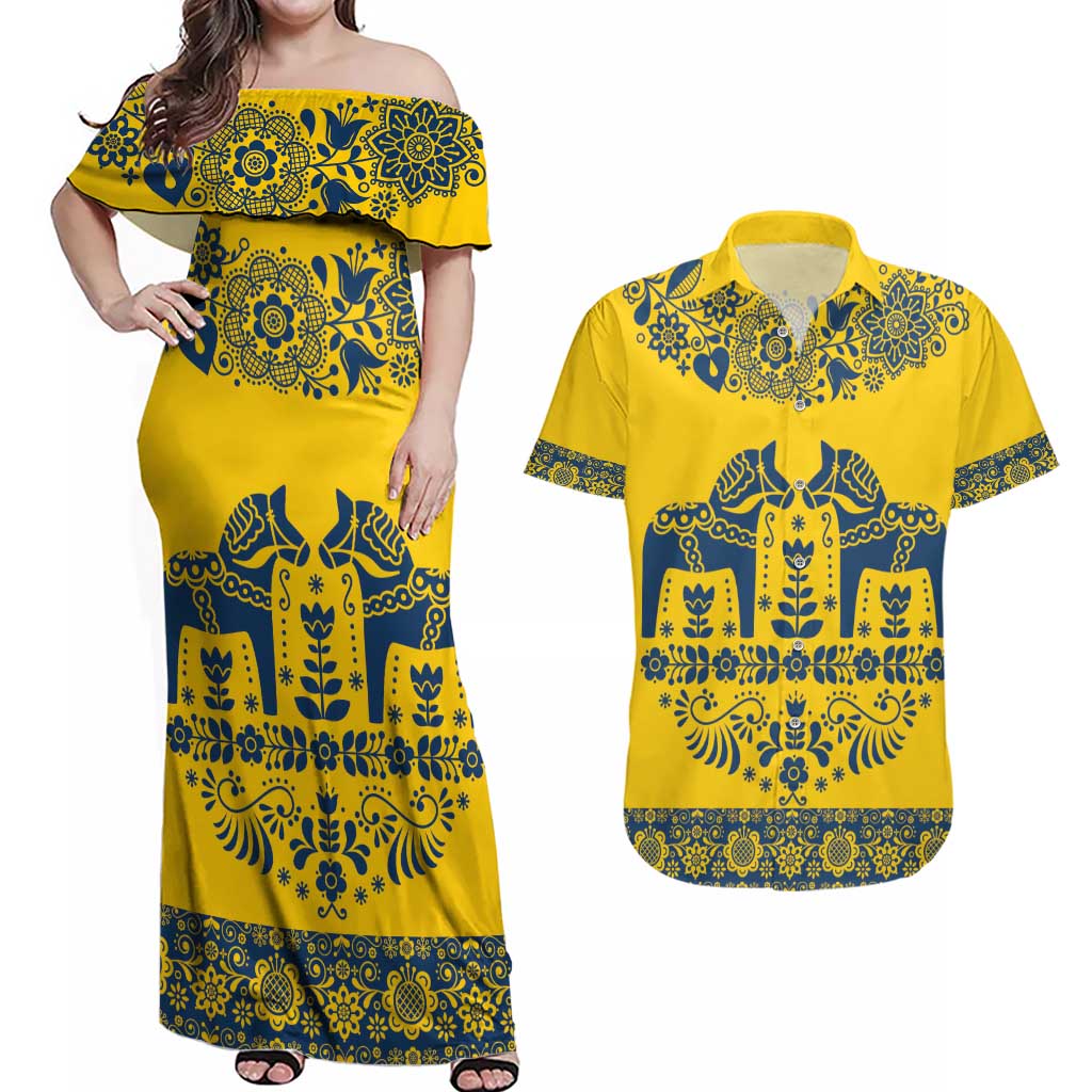 Sweden Daleclarian Horse Couples Matching Off Shoulder Maxi Dress and Hawaiian Shirt Floral Folk Pattern Yellow Version