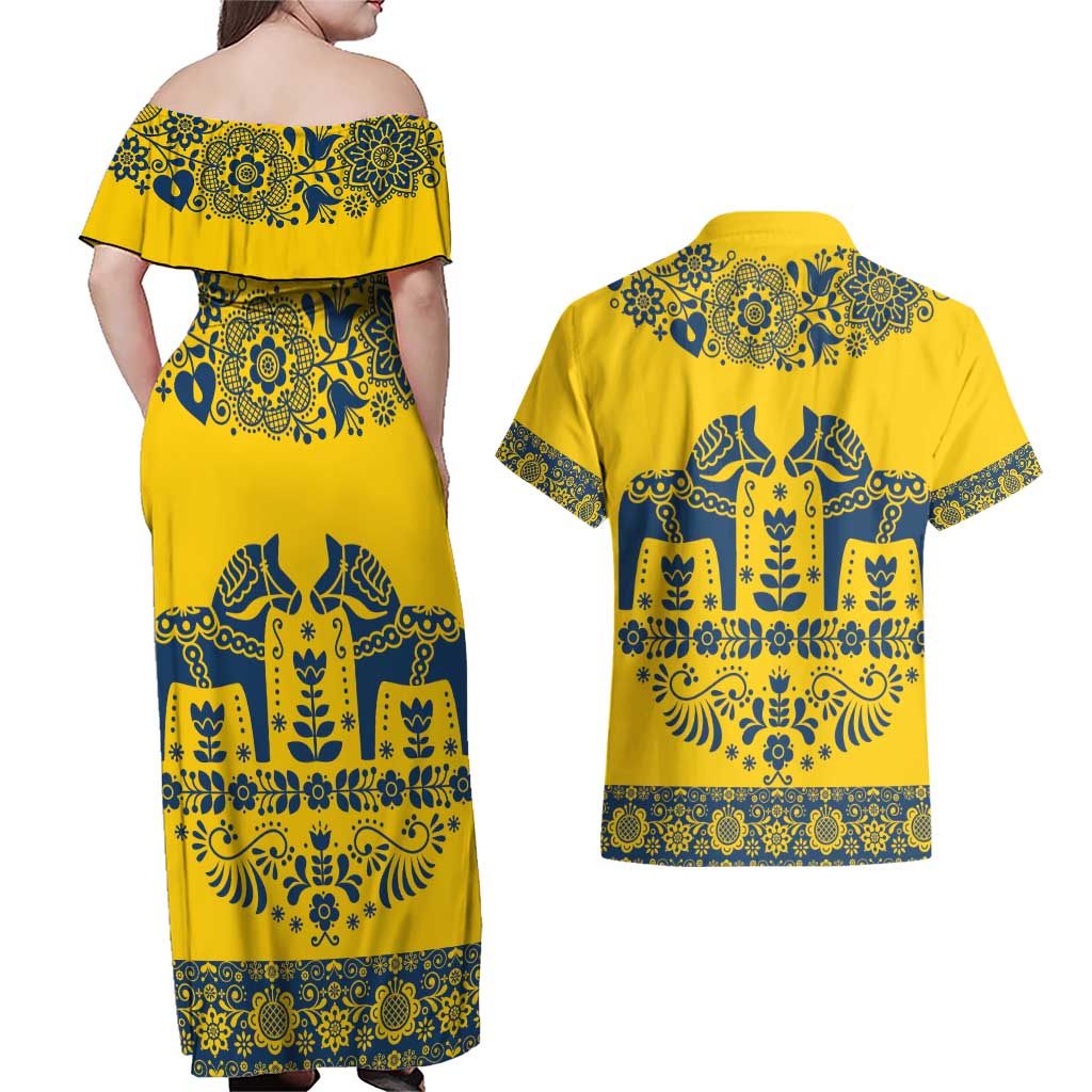 Sweden Daleclarian Horse Couples Matching Off Shoulder Maxi Dress and Hawaiian Shirt Floral Folk Pattern Yellow Version