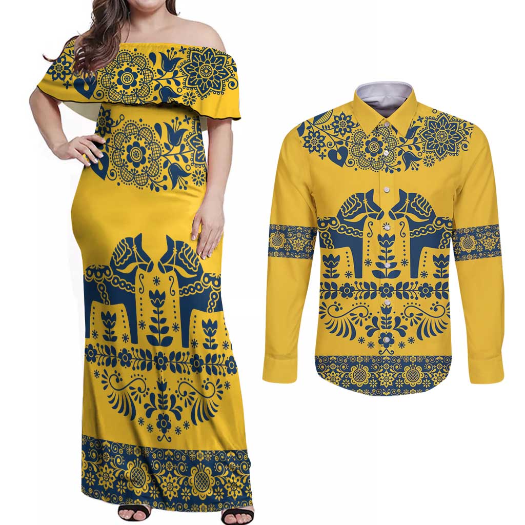 Sweden Daleclarian Horse Couples Matching Off Shoulder Maxi Dress and Long Sleeve Button Shirt Floral Folk Pattern Yellow Version