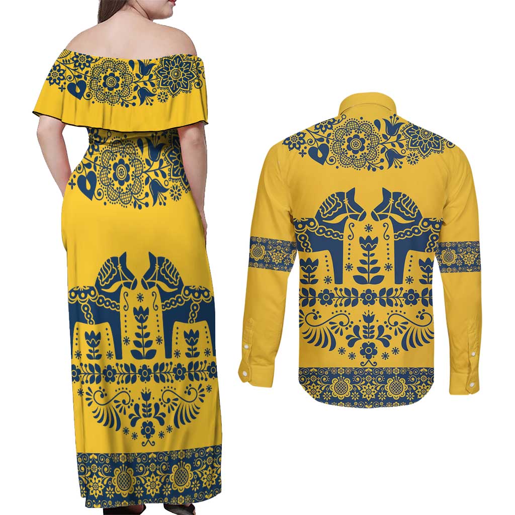 Sweden Daleclarian Horse Couples Matching Off Shoulder Maxi Dress and Long Sleeve Button Shirt Floral Folk Pattern Yellow Version
