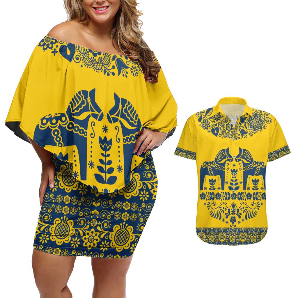 Sweden Daleclarian Horse Couples Matching Off Shoulder Short Dress and Hawaiian Shirt Floral Folk Pattern Yellow Version
