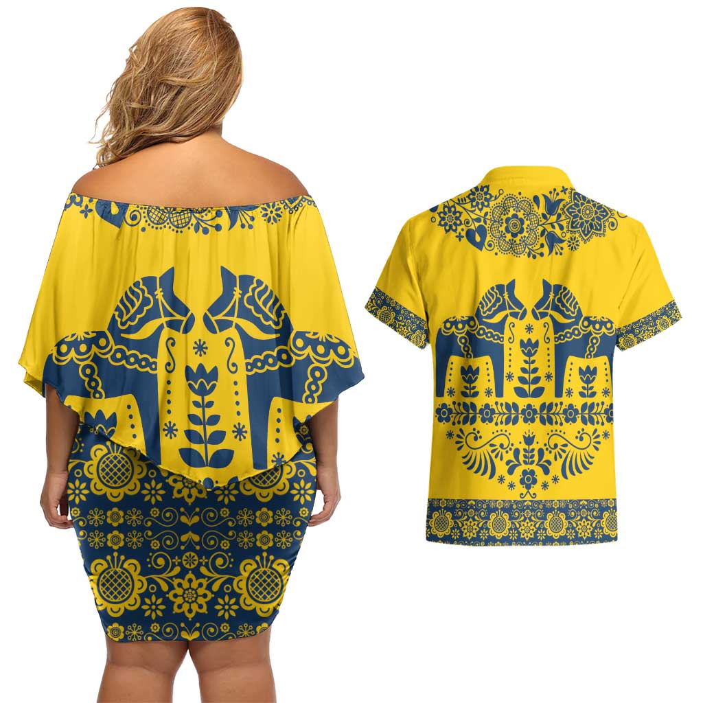 Sweden Daleclarian Horse Couples Matching Off Shoulder Short Dress and Hawaiian Shirt Floral Folk Pattern Yellow Version