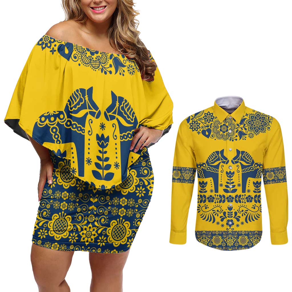 Sweden Daleclarian Horse Couples Matching Off Shoulder Short Dress and Long Sleeve Button Shirt Floral Folk Pattern Yellow Version
