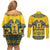 Sweden Daleclarian Horse Couples Matching Off Shoulder Short Dress and Long Sleeve Button Shirt Floral Folk Pattern Yellow Version