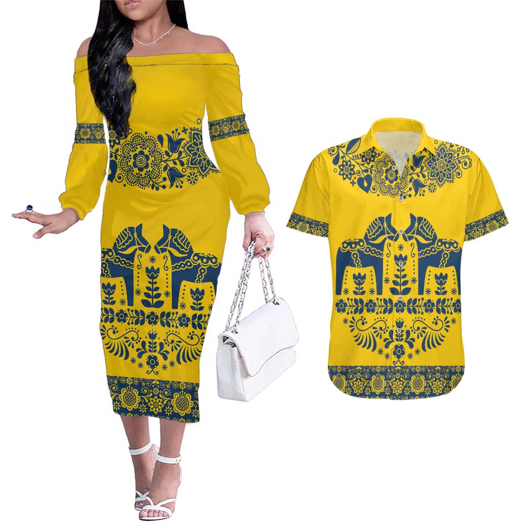 Sweden Daleclarian Horse Couples Matching Off The Shoulder Long Sleeve Dress and Hawaiian Shirt Floral Folk Pattern Yellow Version