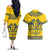 Sweden Daleclarian Horse Couples Matching Off The Shoulder Long Sleeve Dress and Hawaiian Shirt Floral Folk Pattern Yellow Version