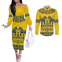Sweden Daleclarian Horse Couples Matching Off The Shoulder Long Sleeve Dress and Long Sleeve Button Shirt Floral Folk Pattern Yellow Version