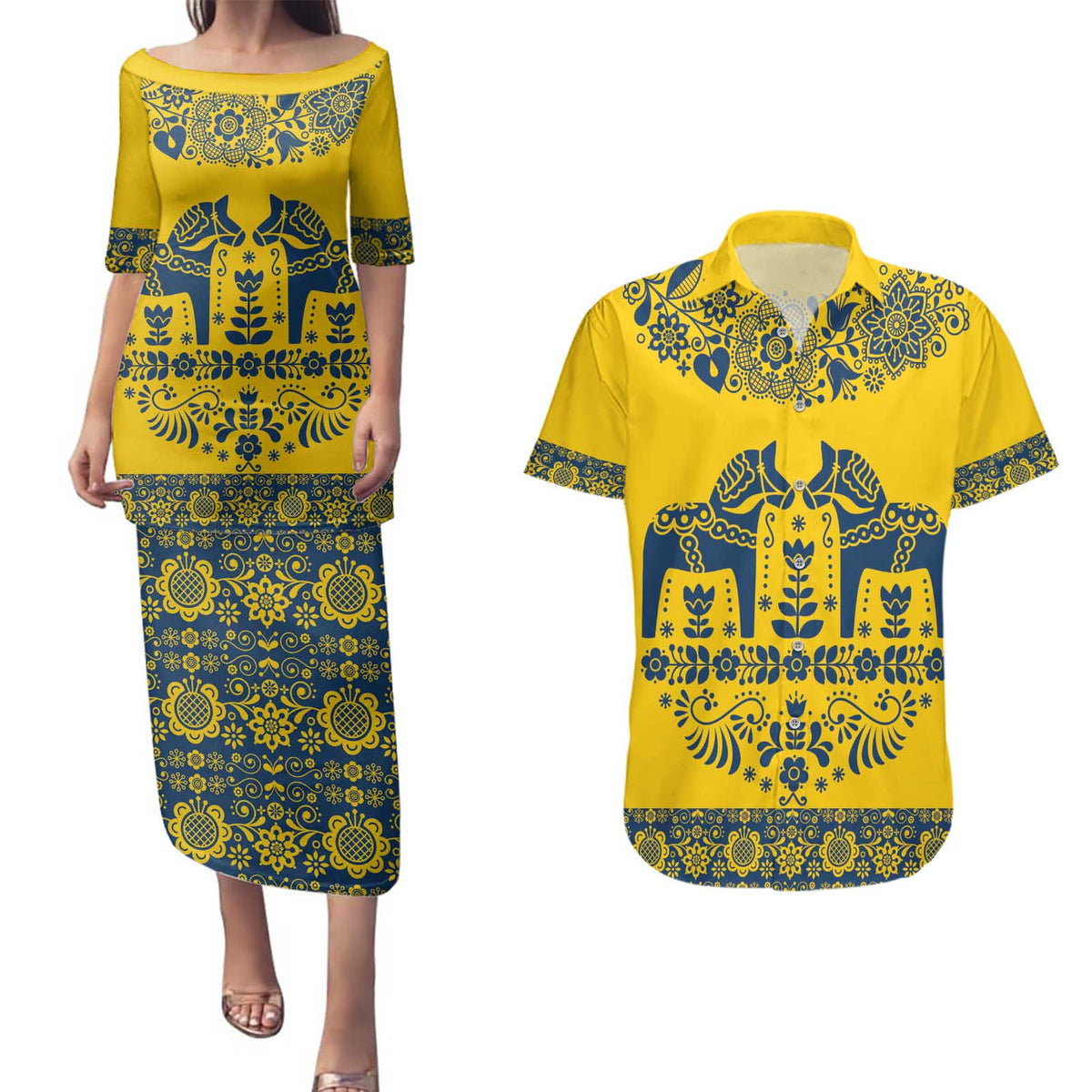Sweden Daleclarian Horse Couples Matching Puletasi and Hawaiian Shirt Floral Folk Pattern Yellow Version