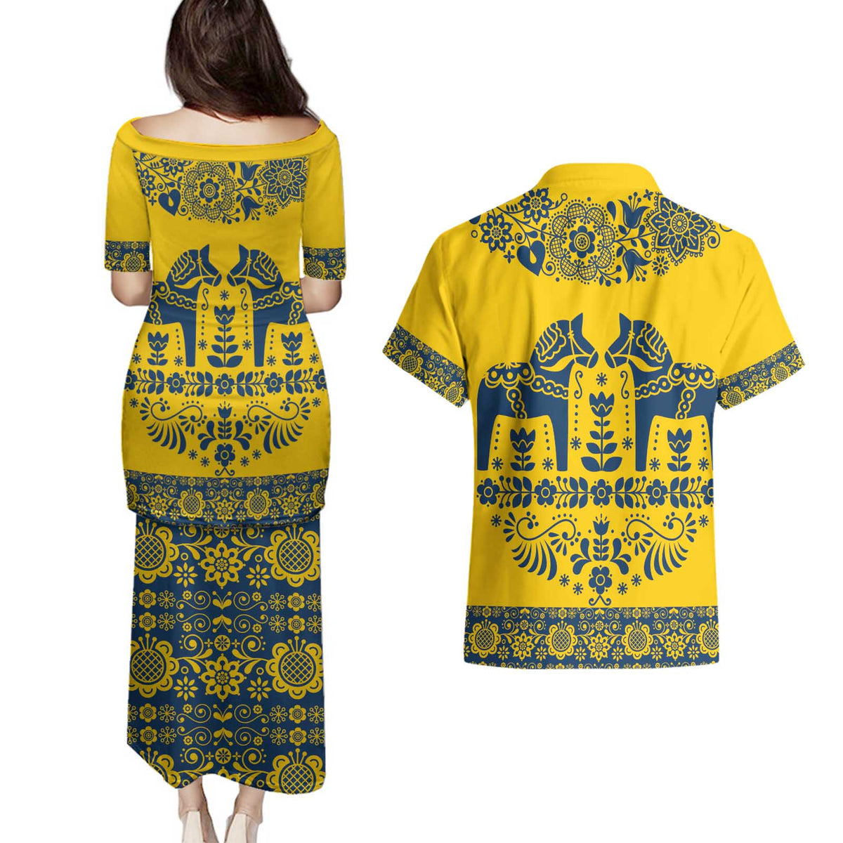 Sweden Daleclarian Horse Couples Matching Puletasi and Hawaiian Shirt Floral Folk Pattern Yellow Version