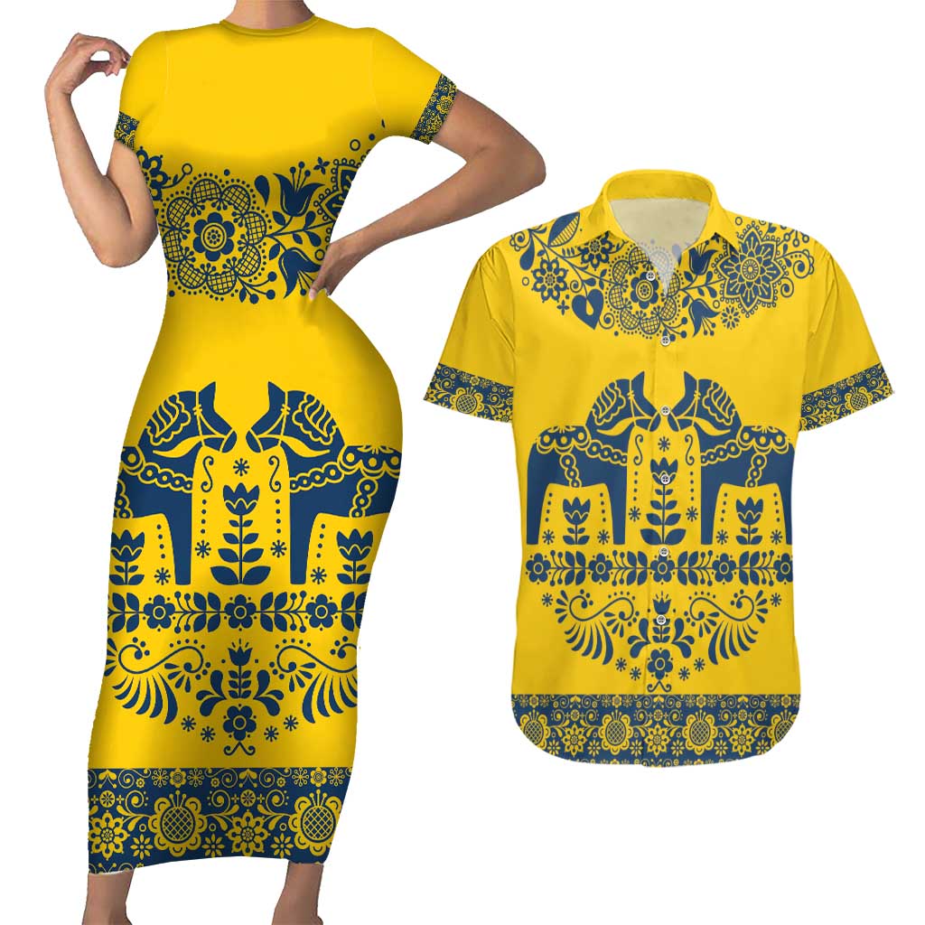 Sweden Daleclarian Horse Couples Matching Short Sleeve Bodycon Dress and Hawaiian Shirt Floral Folk Pattern Yellow Version