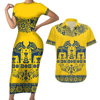 Sweden Daleclarian Horse Couples Matching Short Sleeve Bodycon Dress and Hawaiian Shirt Floral Folk Pattern Yellow Version
