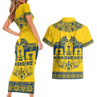 Sweden Daleclarian Horse Couples Matching Short Sleeve Bodycon Dress and Hawaiian Shirt Floral Folk Pattern Yellow Version