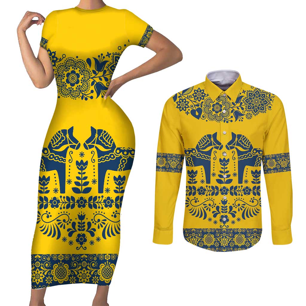 Sweden Daleclarian Horse Couples Matching Short Sleeve Bodycon Dress and Long Sleeve Button Shirt Floral Folk Pattern Yellow Version