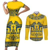 Sweden Daleclarian Horse Couples Matching Short Sleeve Bodycon Dress and Long Sleeve Button Shirt Floral Folk Pattern Yellow Version