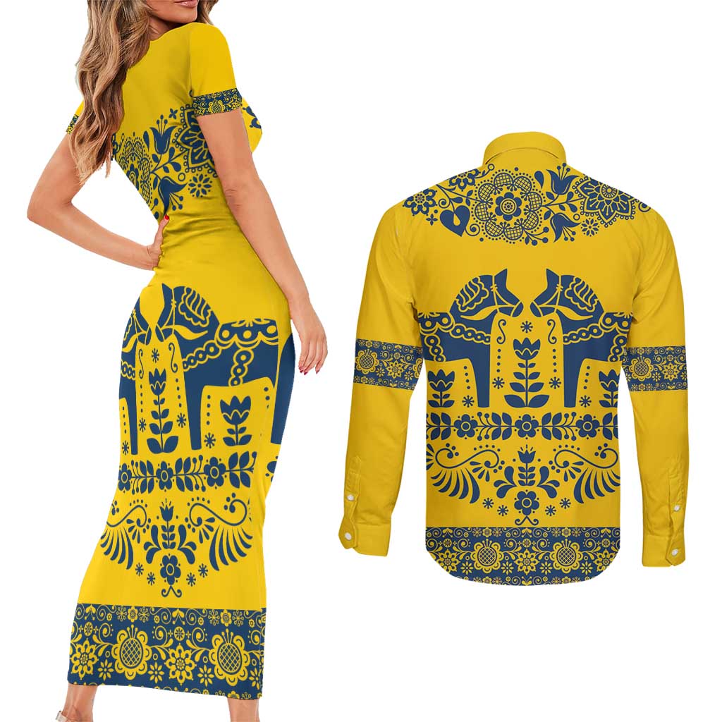 Sweden Daleclarian Horse Couples Matching Short Sleeve Bodycon Dress and Long Sleeve Button Shirt Floral Folk Pattern Yellow Version