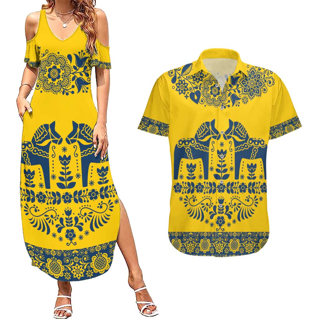 Sweden Daleclarian Horse Couples Matching Summer Maxi Dress and Hawaiian Shirt Floral Folk Pattern Yellow Version