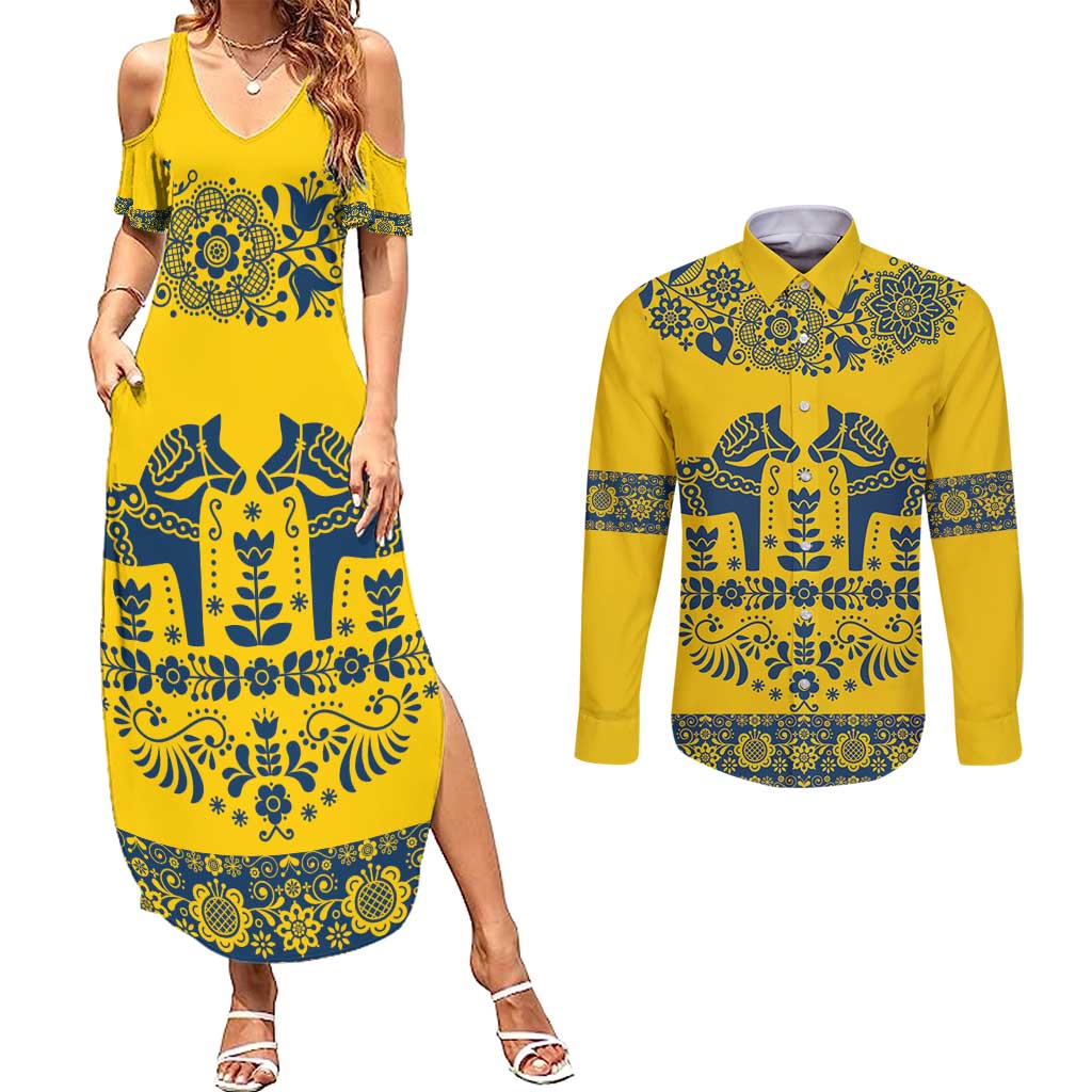 Sweden Daleclarian Horse Couples Matching Summer Maxi Dress and Long Sleeve Button Shirt Floral Folk Pattern Yellow Version