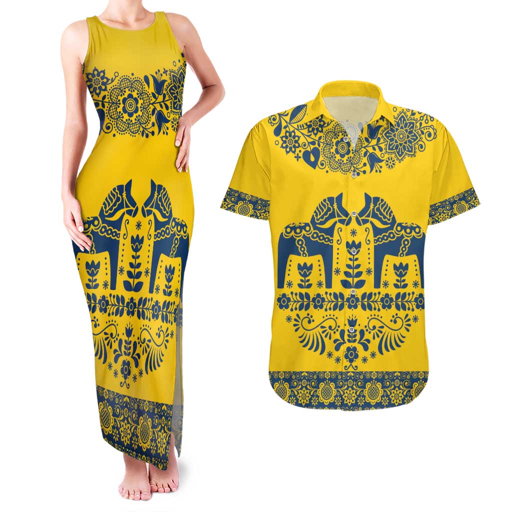 Sweden Daleclarian Horse Couples Matching Tank Maxi Dress and Hawaiian Shirt Floral Folk Pattern Yellow Version