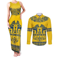 Sweden Daleclarian Horse Couples Matching Tank Maxi Dress and Long Sleeve Button Shirt Floral Folk Pattern Yellow Version