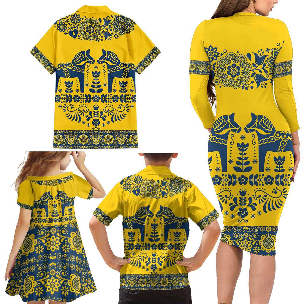 Sweden Daleclarian Horse Family Matching Long Sleeve Bodycon Dress and Hawaiian Shirt Floral Folk Pattern Yellow Version