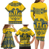 Sweden Daleclarian Horse Family Matching Long Sleeve Bodycon Dress and Hawaiian Shirt Floral Folk Pattern Yellow Version