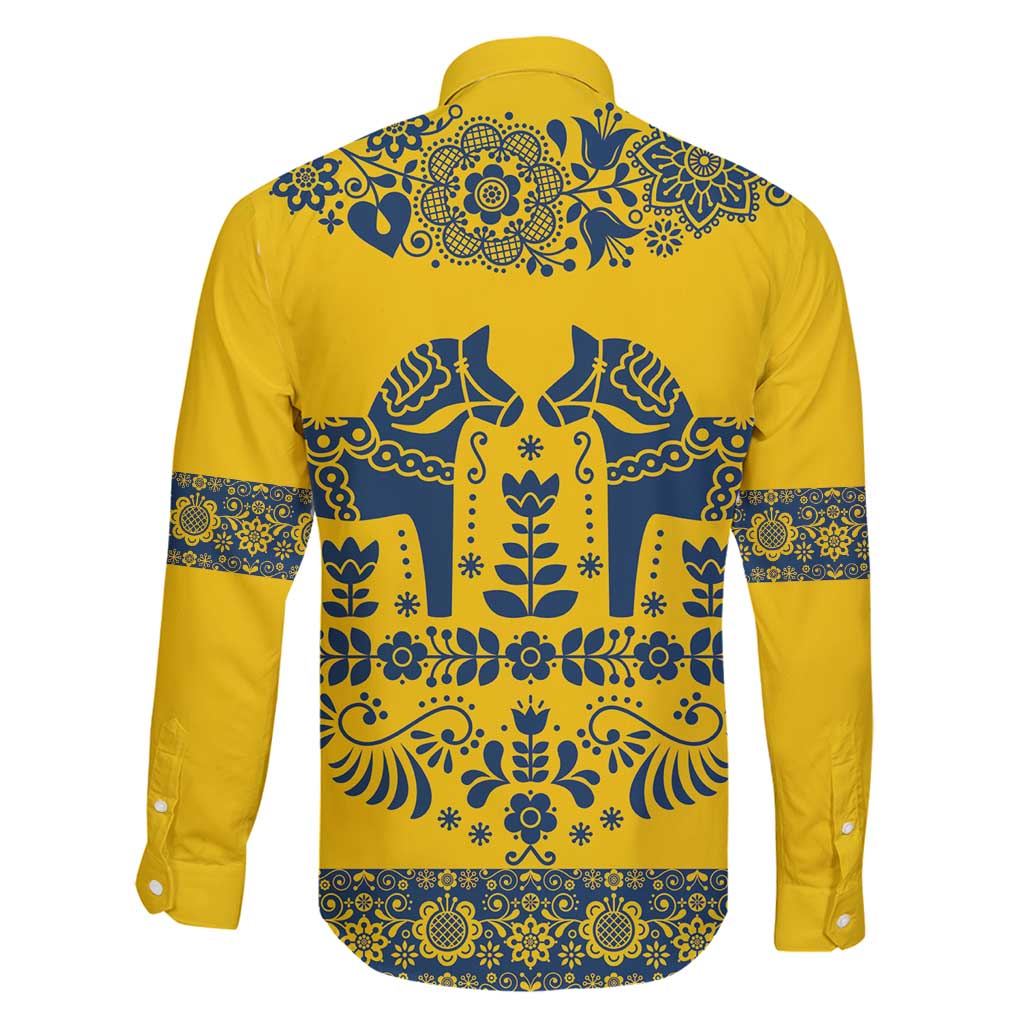 Sweden Daleclarian Horse Family Matching Long Sleeve Bodycon Dress and Hawaiian Shirt Floral Folk Pattern Yellow Version