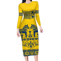 Sweden Daleclarian Horse Family Matching Long Sleeve Bodycon Dress and Hawaiian Shirt Floral Folk Pattern Yellow Version