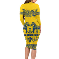 Sweden Daleclarian Horse Family Matching Long Sleeve Bodycon Dress and Hawaiian Shirt Floral Folk Pattern Yellow Version