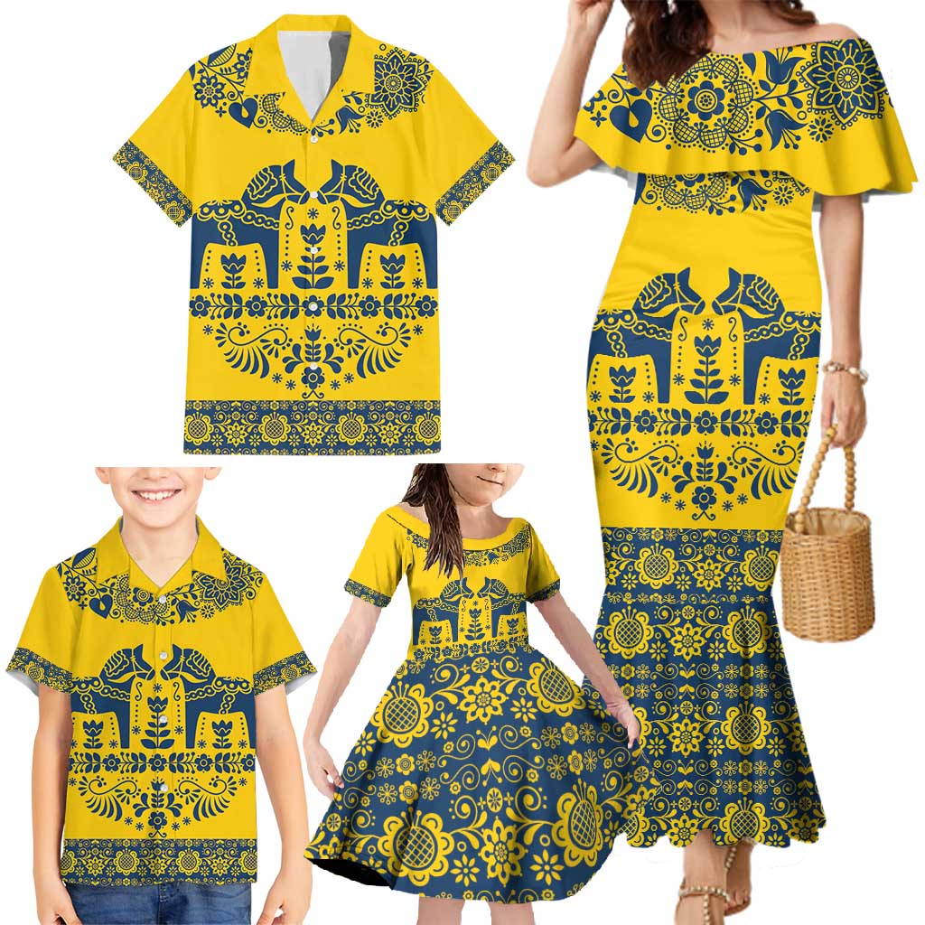 Sweden Daleclarian Horse Family Matching Mermaid Dress and Hawaiian Shirt Floral Folk Pattern Yellow Version