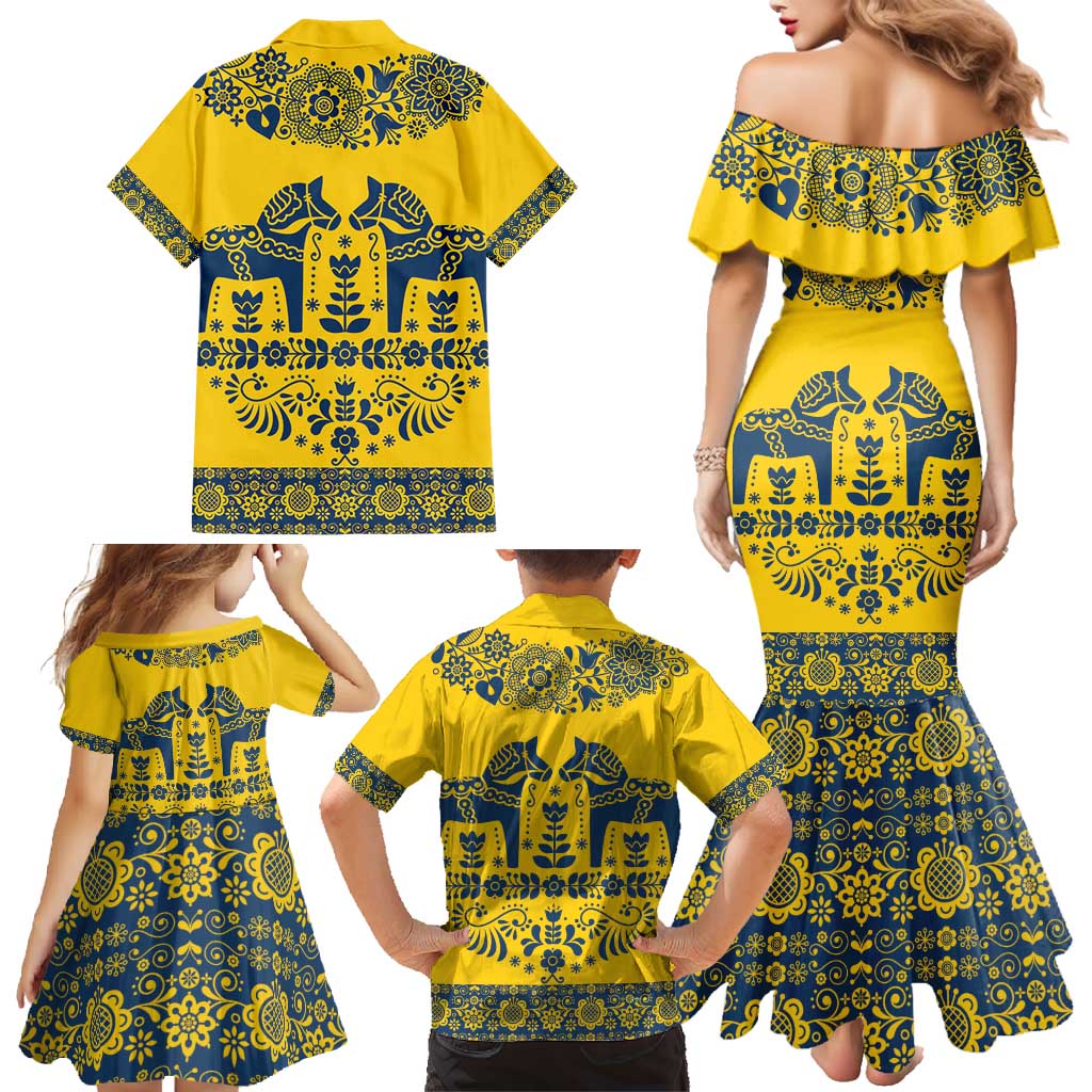 Sweden Daleclarian Horse Family Matching Mermaid Dress and Hawaiian Shirt Floral Folk Pattern Yellow Version