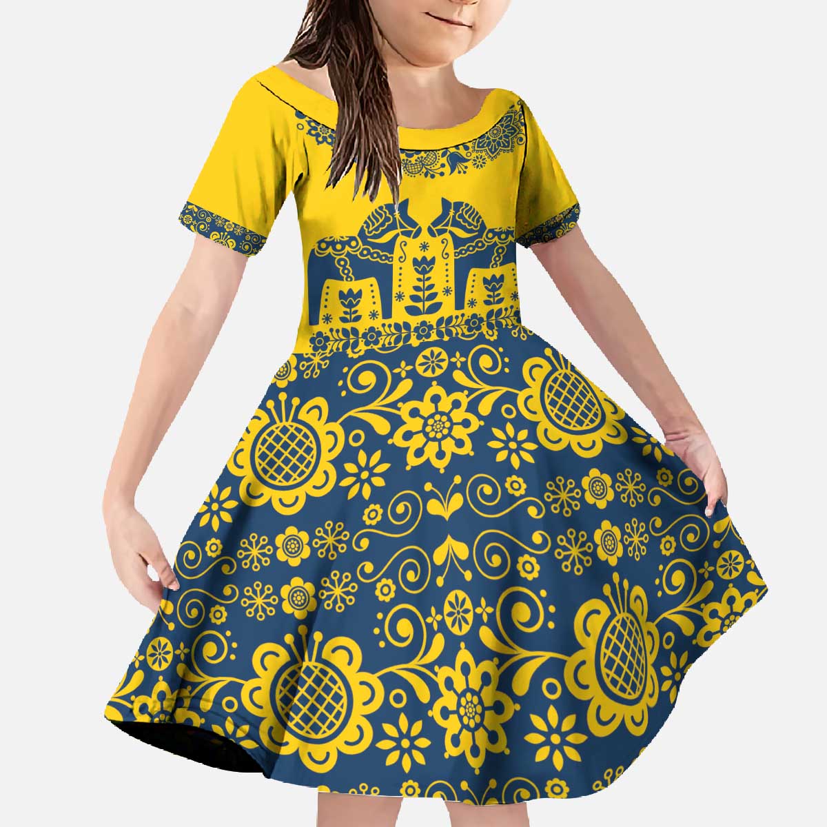 Sweden Daleclarian Horse Family Matching Off The Shoulder Long Sleeve Dress and Hawaiian Shirt Floral Folk Pattern Yellow Version