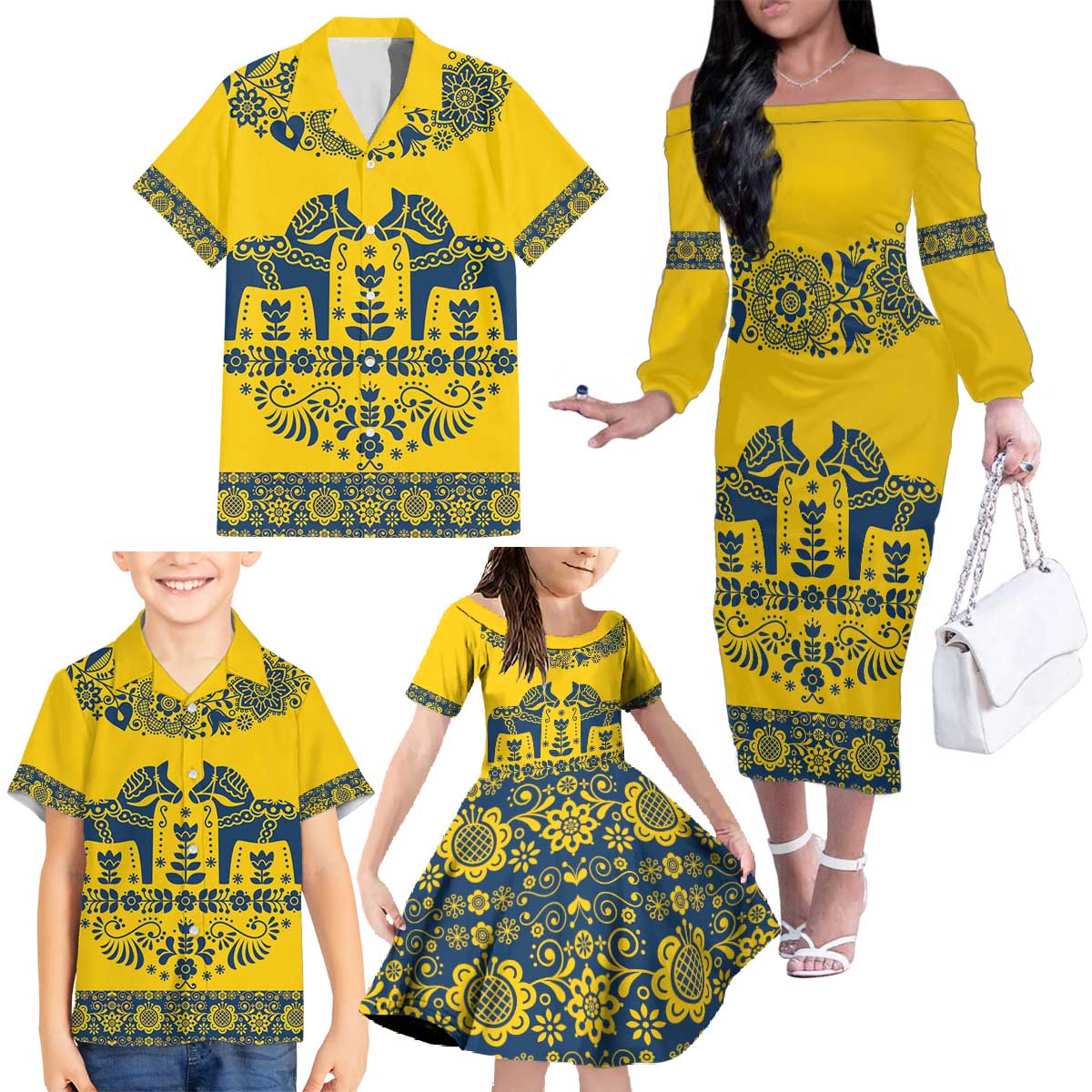 Sweden Daleclarian Horse Family Matching Off The Shoulder Long Sleeve Dress and Hawaiian Shirt Floral Folk Pattern Yellow Version