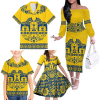 Sweden Daleclarian Horse Family Matching Off The Shoulder Long Sleeve Dress and Hawaiian Shirt Floral Folk Pattern Yellow Version