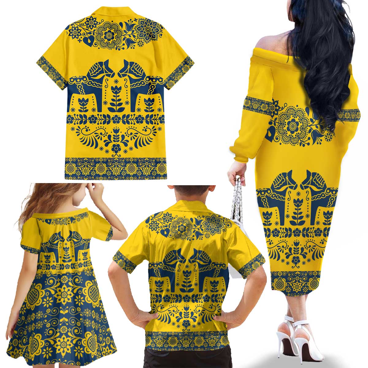 Sweden Daleclarian Horse Family Matching Off The Shoulder Long Sleeve Dress and Hawaiian Shirt Floral Folk Pattern Yellow Version