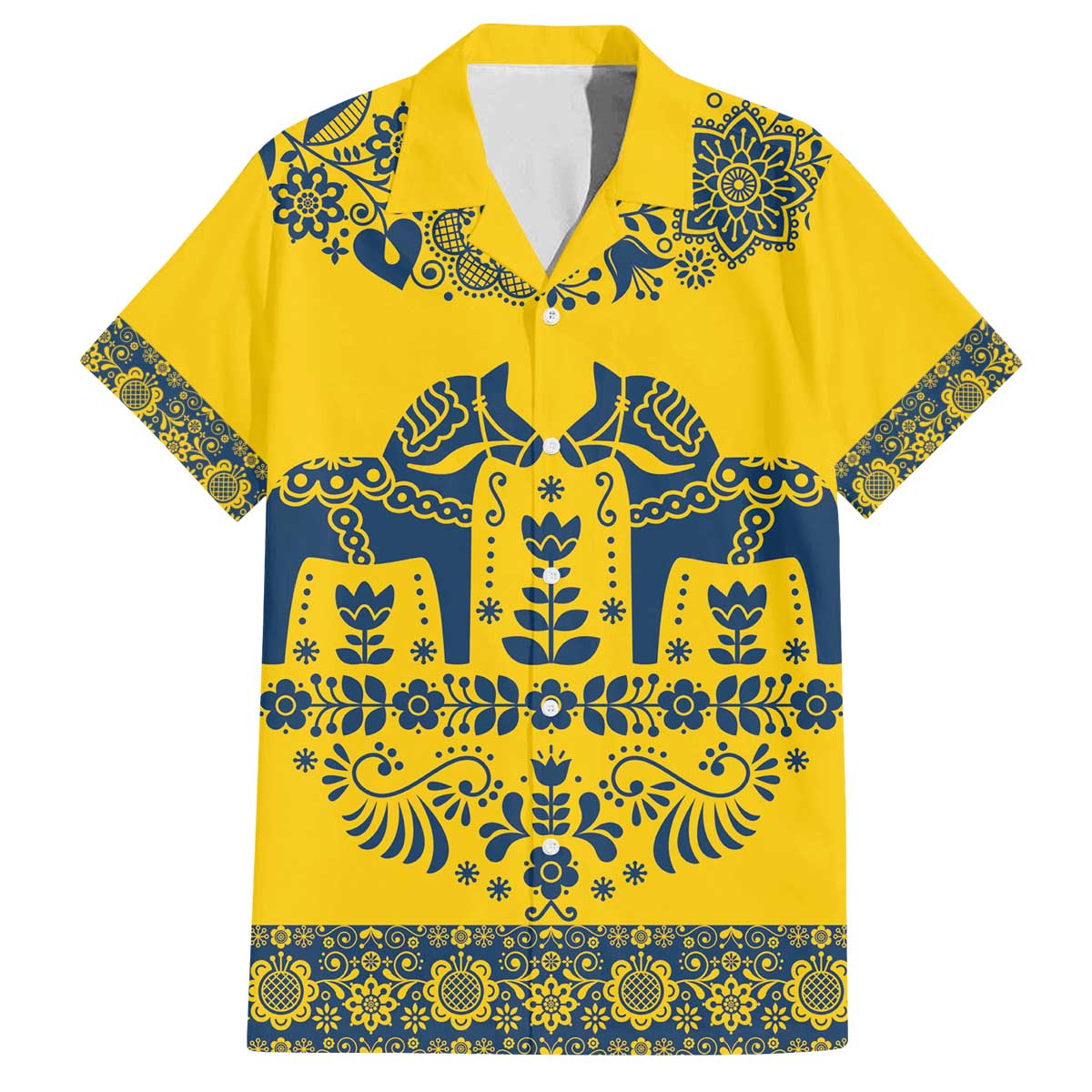 Sweden Daleclarian Horse Family Matching Off The Shoulder Long Sleeve Dress and Hawaiian Shirt Floral Folk Pattern Yellow Version
