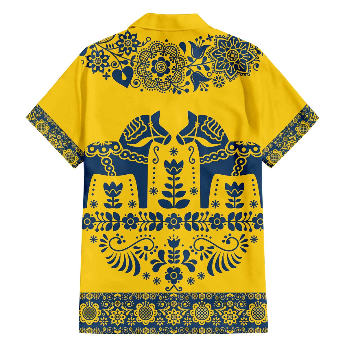 Sweden Daleclarian Horse Family Matching Off The Shoulder Long Sleeve Dress and Hawaiian Shirt Floral Folk Pattern Yellow Version