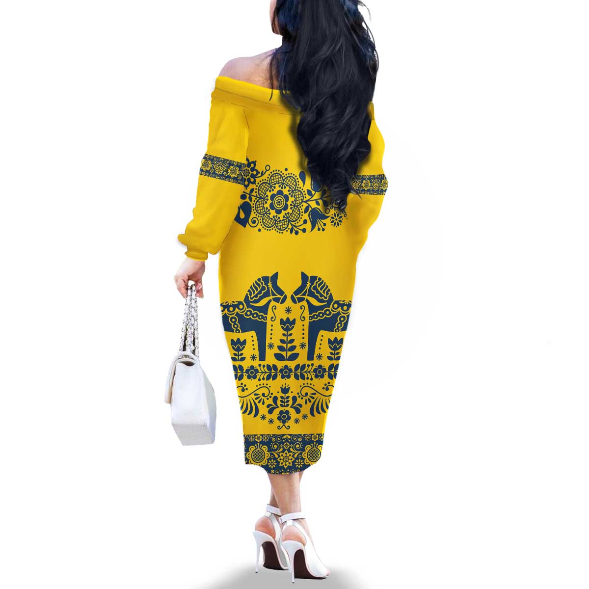 Sweden Daleclarian Horse Family Matching Off The Shoulder Long Sleeve Dress and Hawaiian Shirt Floral Folk Pattern Yellow Version