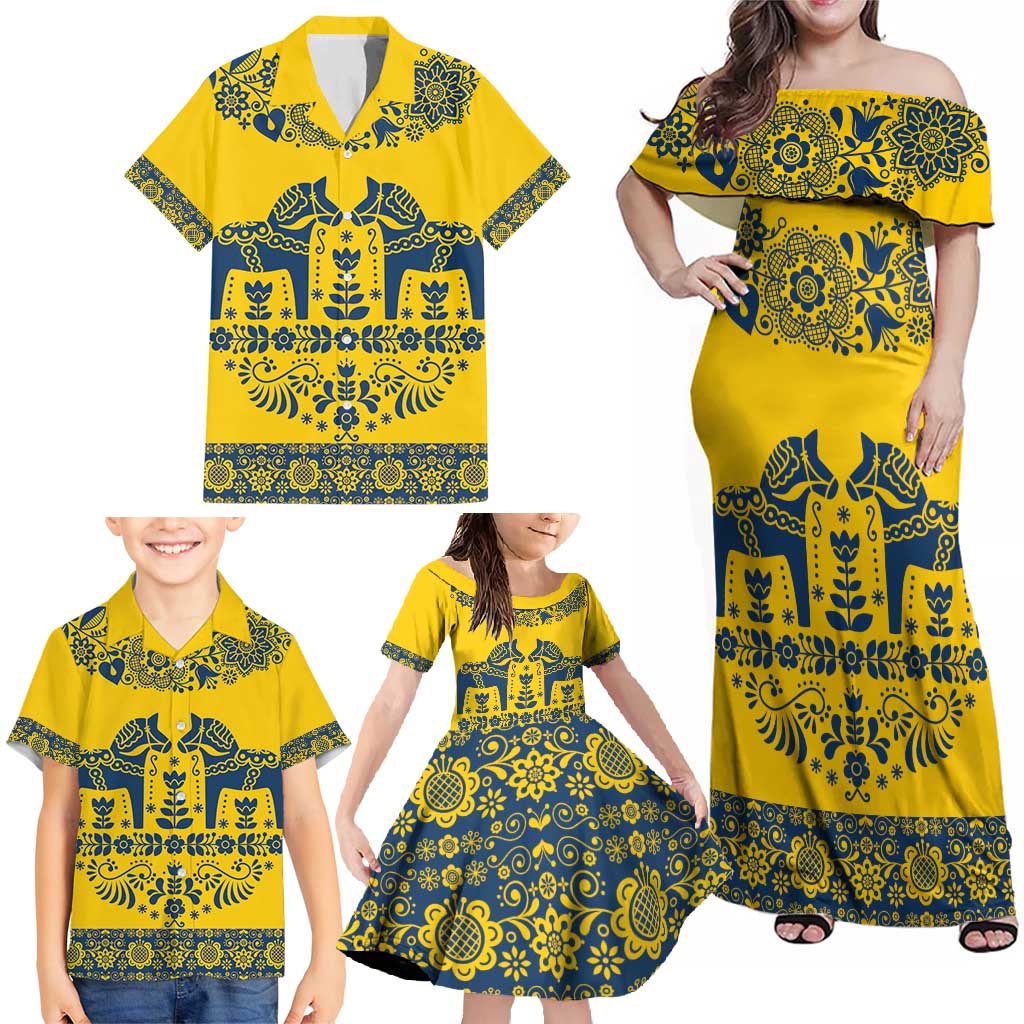 Sweden Daleclarian Horse Family Matching Off Shoulder Maxi Dress and Hawaiian Shirt Floral Folk Pattern Yellow Version