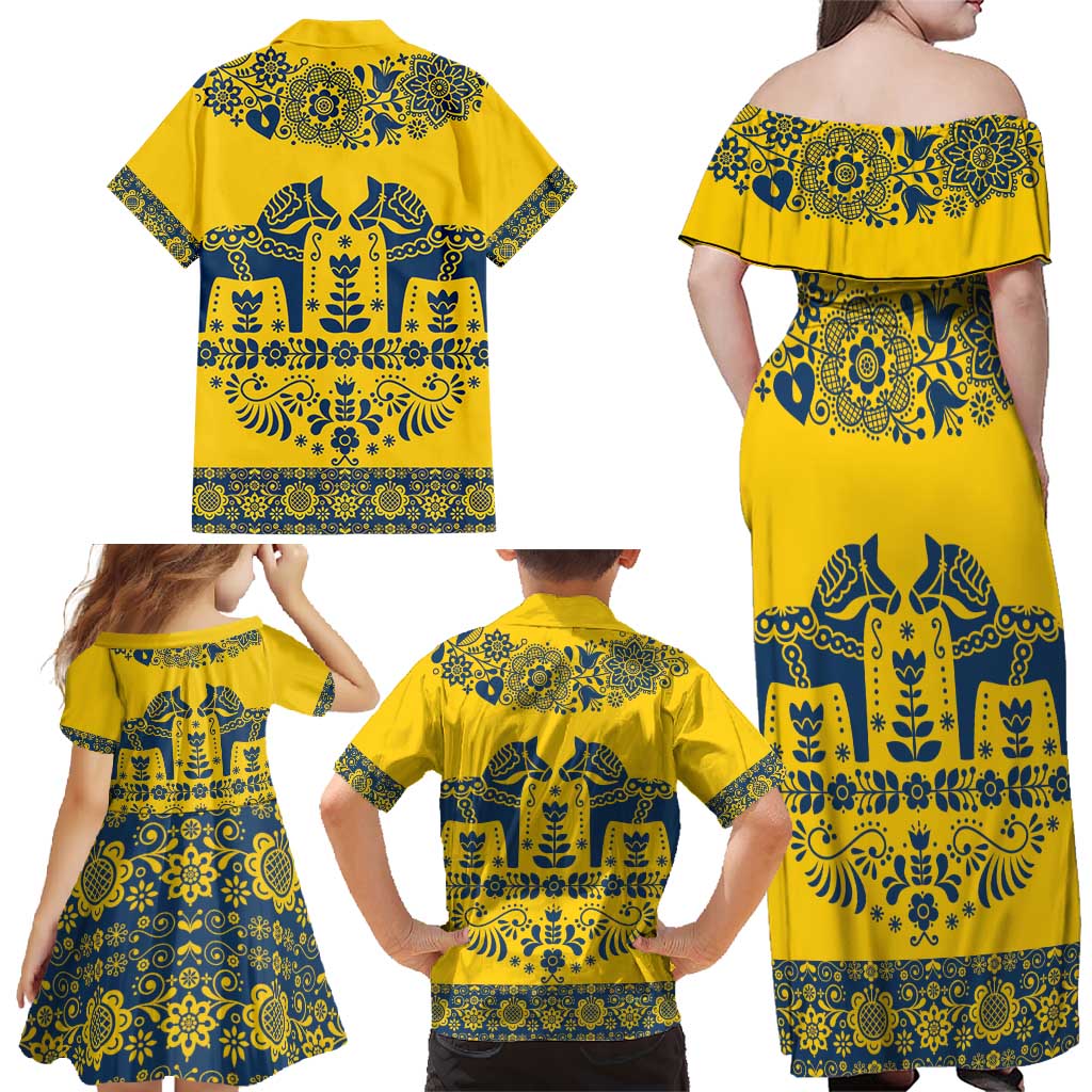 Sweden Daleclarian Horse Family Matching Off Shoulder Maxi Dress and Hawaiian Shirt Floral Folk Pattern Yellow Version
