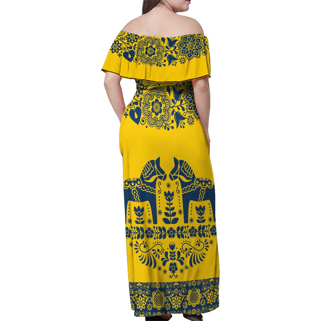 Sweden Daleclarian Horse Family Matching Off Shoulder Maxi Dress and Hawaiian Shirt Floral Folk Pattern Yellow Version