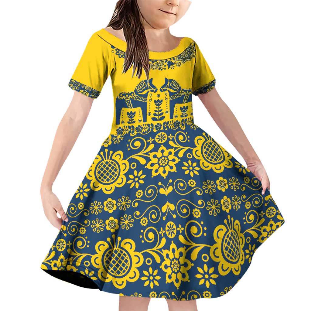 Sweden Daleclarian Horse Family Matching Off Shoulder Short Dress and Hawaiian Shirt Floral Folk Pattern Yellow Version