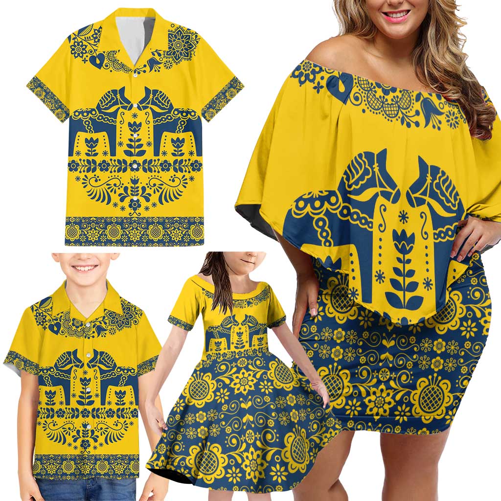 Sweden Daleclarian Horse Family Matching Off Shoulder Short Dress and Hawaiian Shirt Floral Folk Pattern Yellow Version