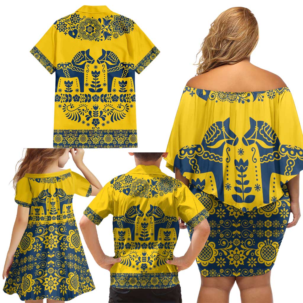 Sweden Daleclarian Horse Family Matching Off Shoulder Short Dress and Hawaiian Shirt Floral Folk Pattern Yellow Version
