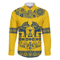 Sweden Daleclarian Horse Family Matching Off Shoulder Short Dress and Hawaiian Shirt Floral Folk Pattern Yellow Version