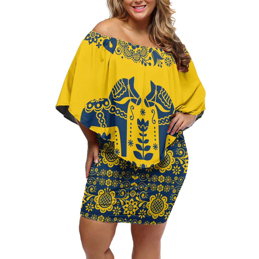 Sweden Daleclarian Horse Family Matching Off Shoulder Short Dress and Hawaiian Shirt Floral Folk Pattern Yellow Version