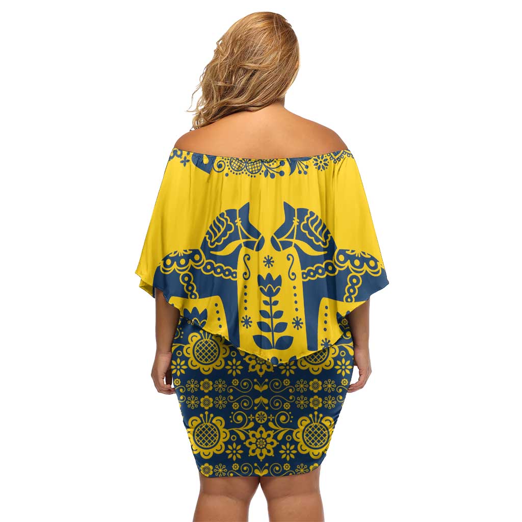 Sweden Daleclarian Horse Family Matching Off Shoulder Short Dress and Hawaiian Shirt Floral Folk Pattern Yellow Version