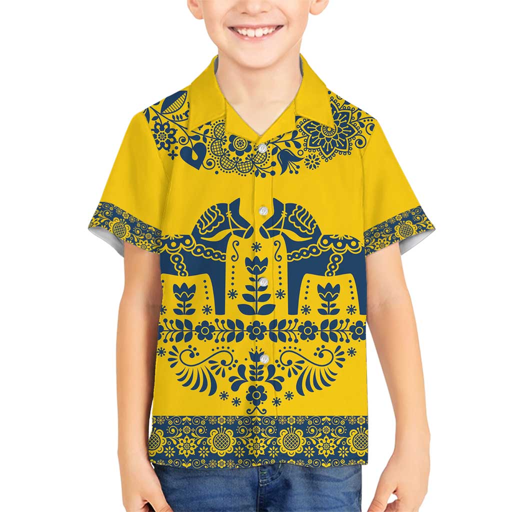 Sweden Daleclarian Horse Family Matching Off Shoulder Short Dress and Hawaiian Shirt Floral Folk Pattern Yellow Version